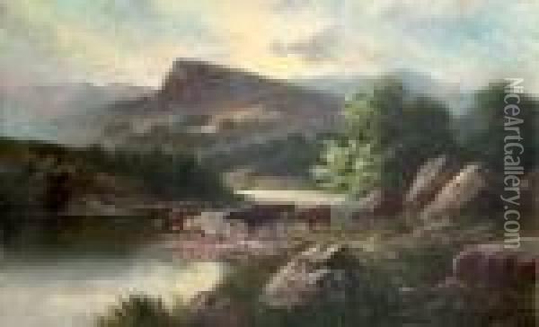 Cows Watering In A Mountainous River Landscape Oil Painting - Sidney Yates Johnson