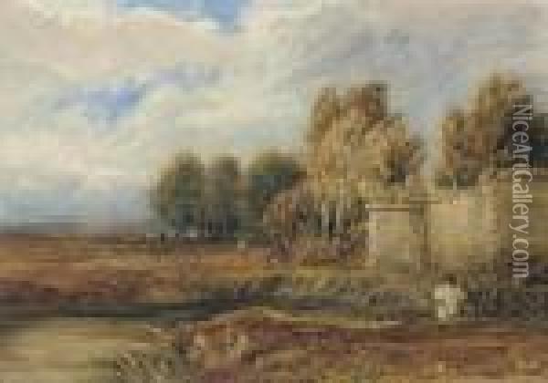 An Angler In An Extensive Landscape Oil Painting - David I Cox