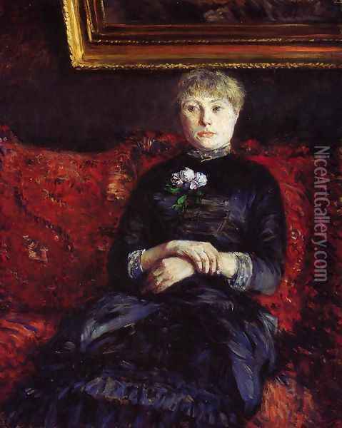 Woman Sitting on a Red-Flowered Sofa Oil Painting - Gustave Caillebotte