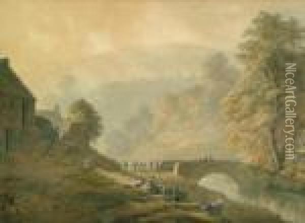 River Ravine In Summer With Figures And Animals By A Bridge Oil Painting - John Glover