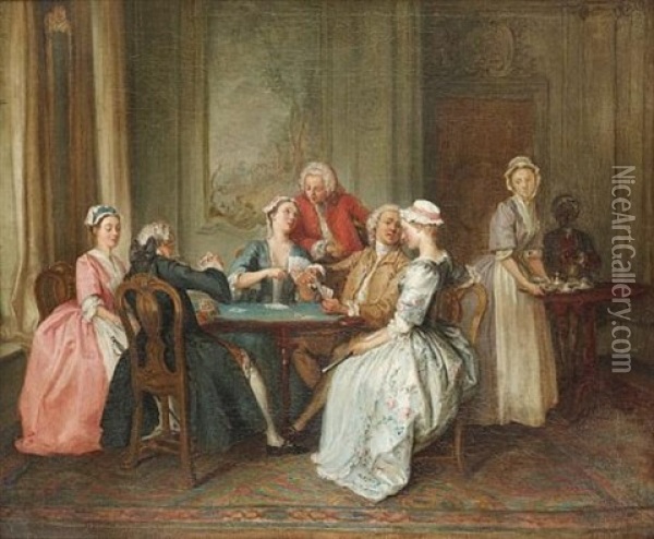 An Elegant Company Playing Cards In An Interior Oil Painting - Joseph Frans Nollekens
