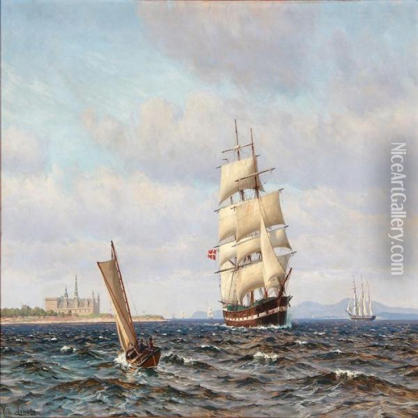 Summer Day With Sailing Ship Off The Coast Of Kronborg Oil Painting - Vilhelm Karl Ferd. Arnesen