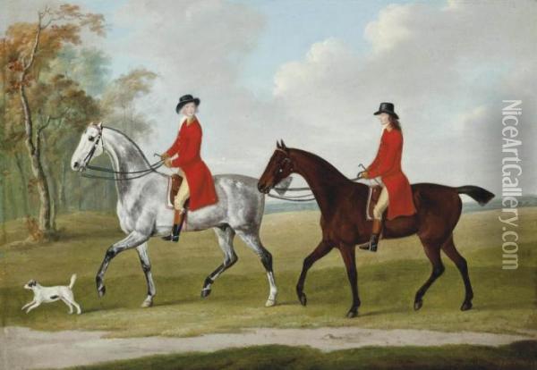 John And Andrew Corbet On Two Hunters, With A Terrier, In An Extensive Landscape Oil Painting - John Nost Sartorius