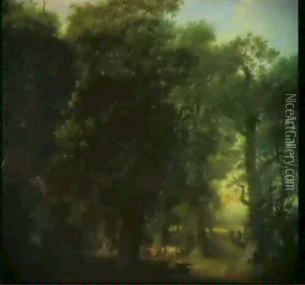 Romantisk Landskab Med Koer Under Store Egetraeer,          Til Venstre I Forgrunden Gravmaele Over Fr. Wilh. Otte Oil Painting - Johann Friedrich Weitsch
