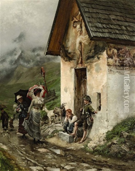 Sommerfrischler Im Gebirge, Vom Regen Uberrascht Oil Painting - Markus Frederik Steen Gronvold