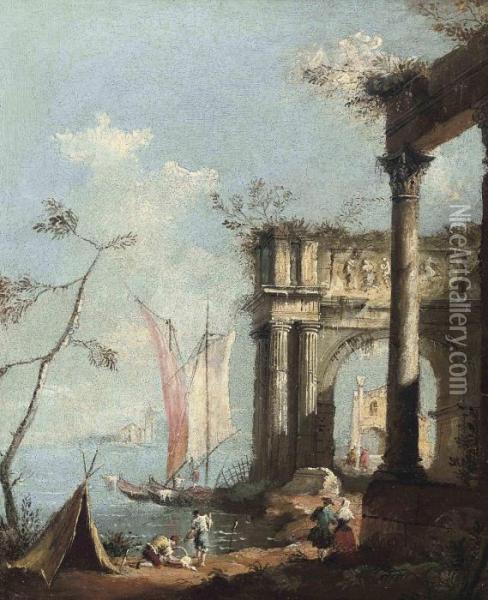 A Harbour Scene With An Elegant Couple Before Ruins Oil Painting - Francesco Guardi