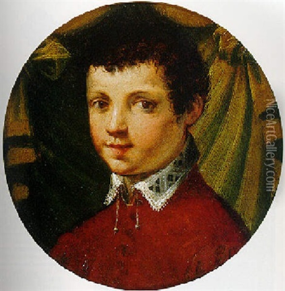 Portrait Of A Young Man Dressed In Red Standing Before A Green Drape Oil Painting - Francesco del Rossi (Salviati)