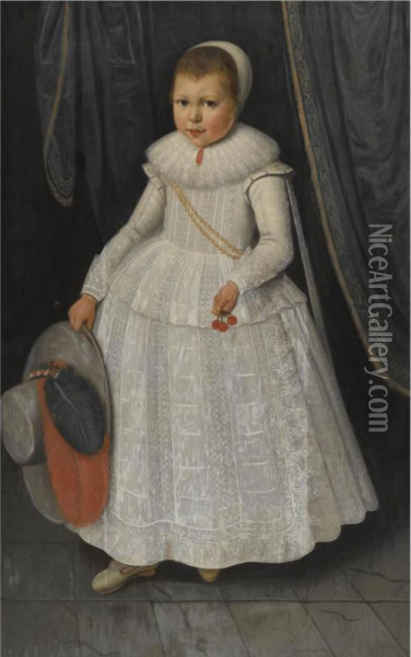 Portrait Of A Young Girl, Full Length, Wearing A White Lace Dress And Holding A Hat And Cherries Oil Painting - Wybrand Simonsz. de Geest