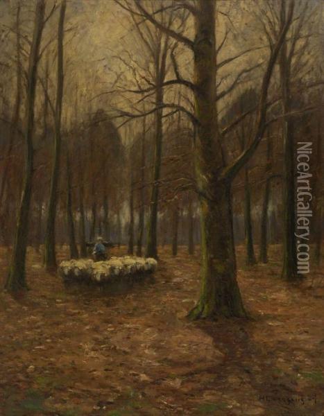 Schafer Mit Herde Im Herbstwald Oil Painting - Helmut Liesegang