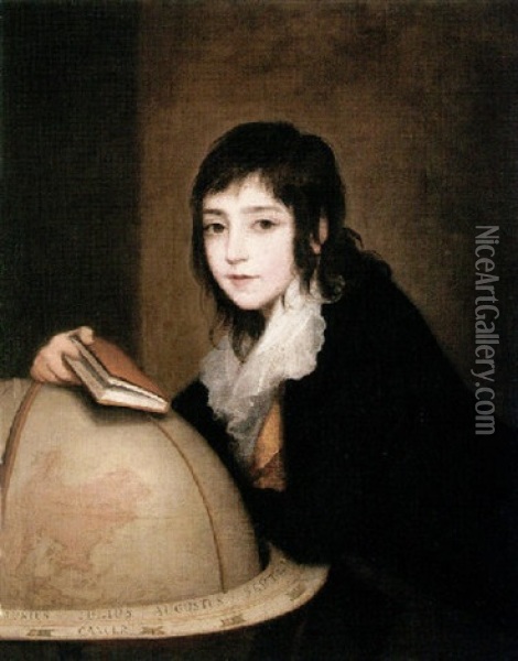 Portrait Of A Boy, (the Young Sir Joseph Banks?) Wearing A Black Coat, Holding A Book, Leaning On A Globe Oil Painting - John Opie