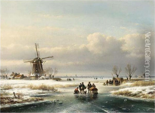 A Winter Landscape With Figures On A Frozen Waterway Oil Painting - Lodewijk Johannes Kleijn
