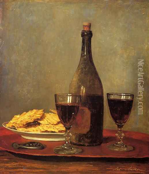 Still Life: Two Glass of Red Wine, a Bottle of Wine; a Corkscrew and a Plate of Biscuits on a Tray Oil Painting - Albert Anker