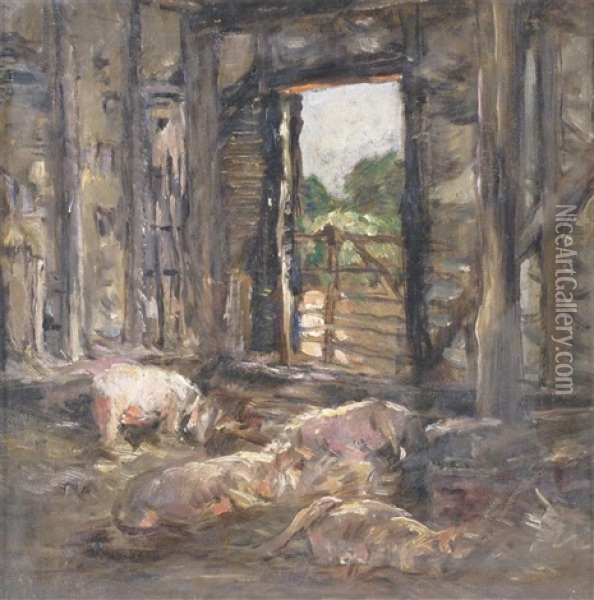 Pigs In A Barn Oil Painting - Mark William Fisher