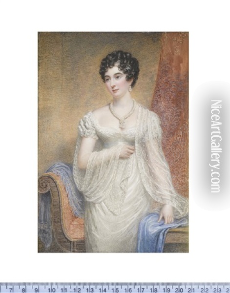 A Lady, Standing Before A Chaise Longue And Drapery, Wearing White Decollete Dress And Lace Stole, Multi-stranded Pearl Necklace, Bandeau And Pendant Earring, Her Dark Hair Curled And Upswept Oil Painting - Samuel John Stump