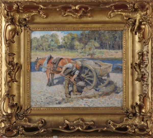 A Horsecart At A Riverbank With A Workman Collecting Gravel Oil Painting - Ralph Hedley