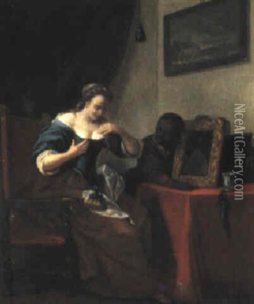 Lady At Her Toilette With A Negro Servant Oil Painting - Jacob Ochtervelt