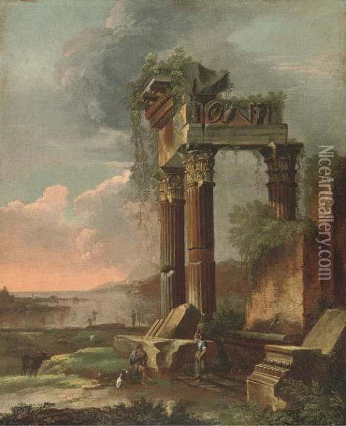 A Capriccio Of Classical Ruins With Figures In The Foreground Oil Painting - Gennaro Greco, Il Mascacotta