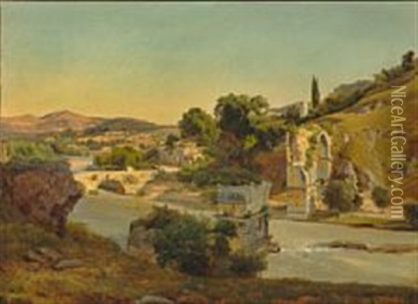 The River Nera At Narni Noth Of Rome With The Bridge Of Augustus Oil Painting - Anders Christian Lunde
