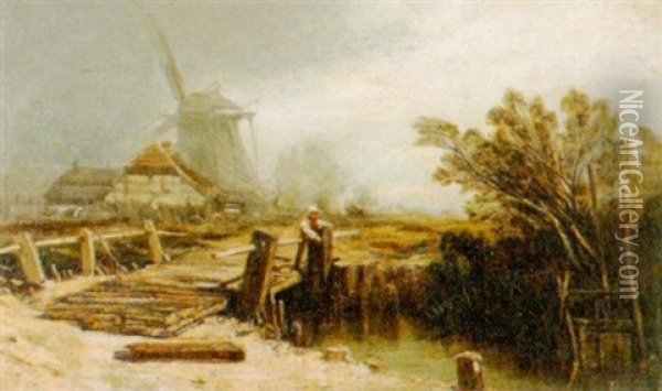 Landschaft Mit Brucke Und Windmuhle Oil Painting - Charles Hoguet