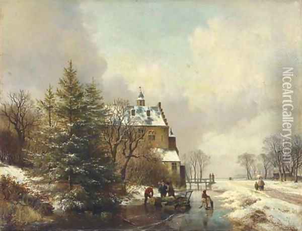 Gathering timber on the ice by a country house Oil Painting - Hendrikus van den Sande Bakhuyzen
