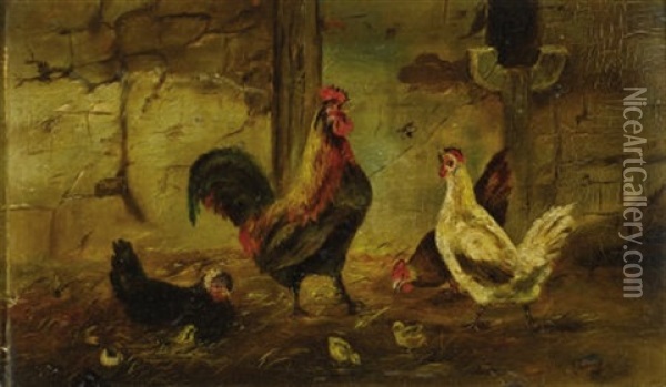 Untitled - Rooster And Hen Oil Painting - William Baptiste Baird