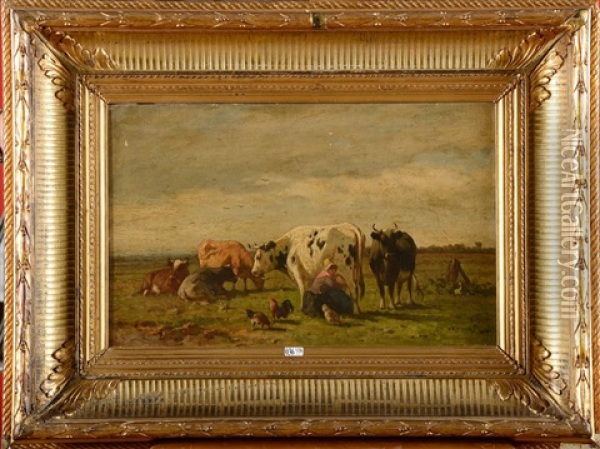 Fermiere Et Ses Vaches Au Pre Oil Painting - Louis Robbe