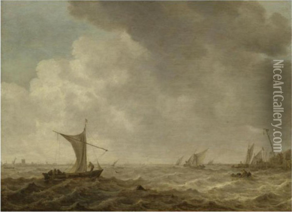 An Estuary Scene With Small Vessels In A Choppy Sea Oil Painting - Jan van Goyen