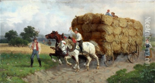 Een Landschap Met Een Hooiwagen Met Paarden En Landarbeiders Oil Painting - Eduard Goetzelmann