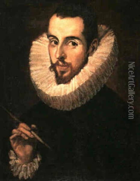 A Portrait Of Jorge Manuel Theotokopoules (1578-1631) Long  Bust Length, Holding A Paint Brush In His Right Hand Oil Painting -  El Greco
