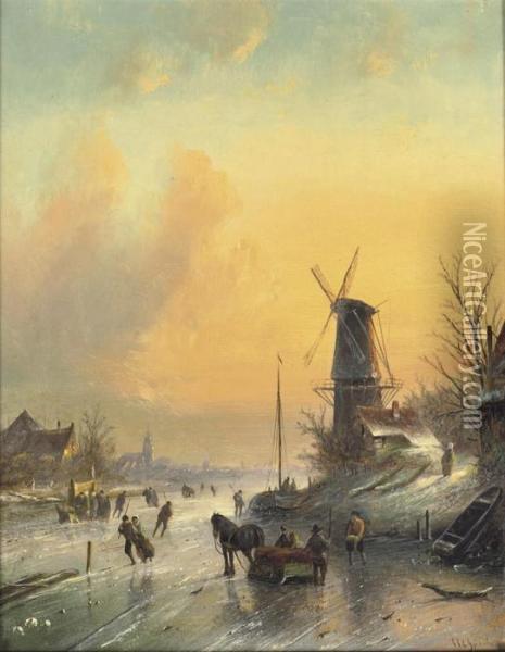 Skating Past The Windmill Oil Painting - Jan Jacob Coenraad Spohler