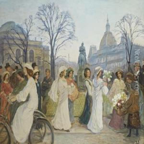 Young Girls Parading Theirspring Gowns On Kongens Nytorv In Copenhagen Oil Painting - Emil Axel Krause