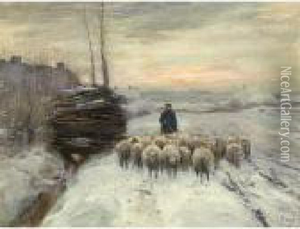 A Shepherd With His Flock In A Winter Landscape Oil Painting - Anton Mauve