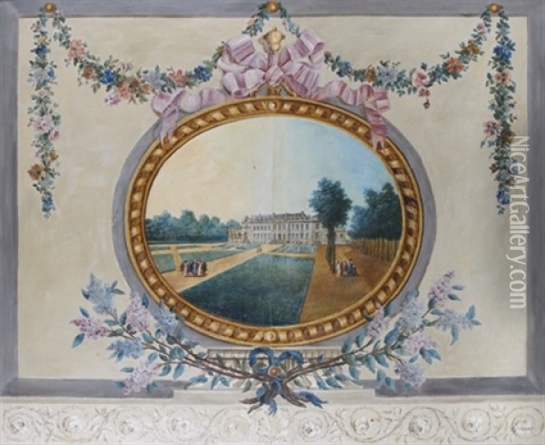 Un Chateau Dans Un Ovale Peint Entoure D'une Guirlande De Fleurs Oil Painting - Christophe Huet