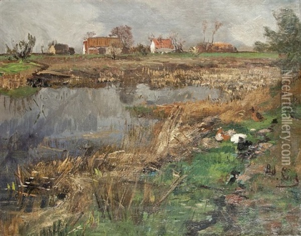Teich Vor Den Gehoften Oil Painting - Adolf Lins