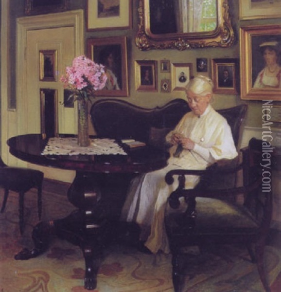 Interior Med Aeldre Dame, Der Strikker Oil Painting - Valdemar Kornerup