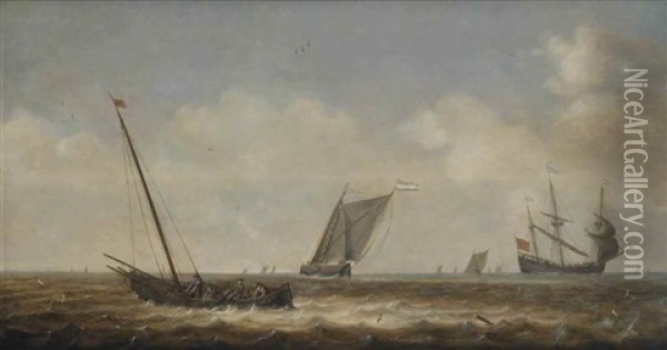A Seascape With Various Sailing Boats And Fishermen Drawing In Their Nets Oil Painting - Pieter Mulier the Elder