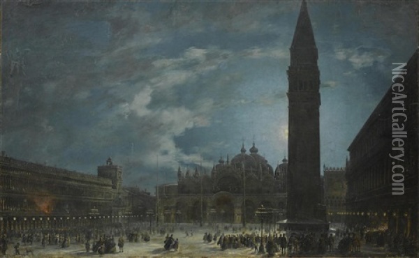 The Piazza San Marco, Venice, In The Early Hours Of The Last Evening Of Carnival, 1865 Oil Painting - Francesco Zanin