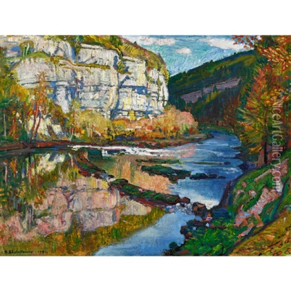 Le Doubs. Barrage Du Moulin Calame Oil Painting - Charles L'Eplattenier