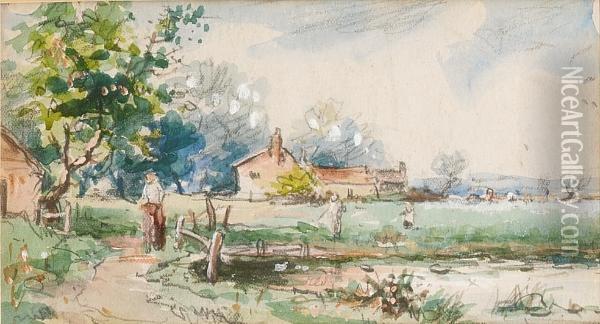 A View Of A Country Cottage Oil Painting - Myles Birket Foster