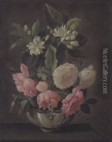 Eine Silberne Schale Mit Rosen Und Orangenbluten Oil Painting - Jean-Michel Picart