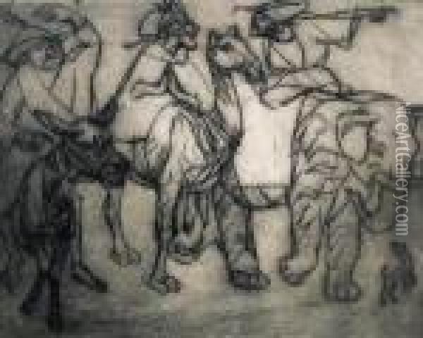 Three Journeymen On Donkey, Camel And Elephant Oil Painting - Enoch Henryk Enrico Glicenstein