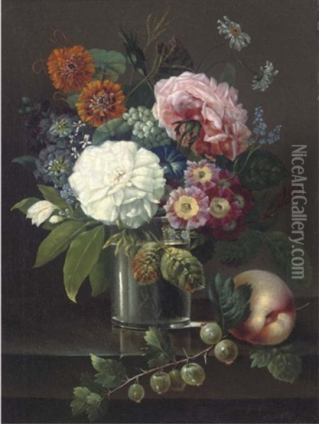 Roses, Marigolds, Daisies, Primroses And Other Summer Blooms In A Glass By A Peach And A Sprig Of Gooseberries Oil Painting - Johan Carl Smirsch