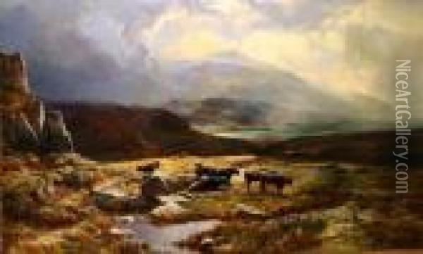 Cattle In A Highland Landscape Oil Painting - Sidney Richard Percy