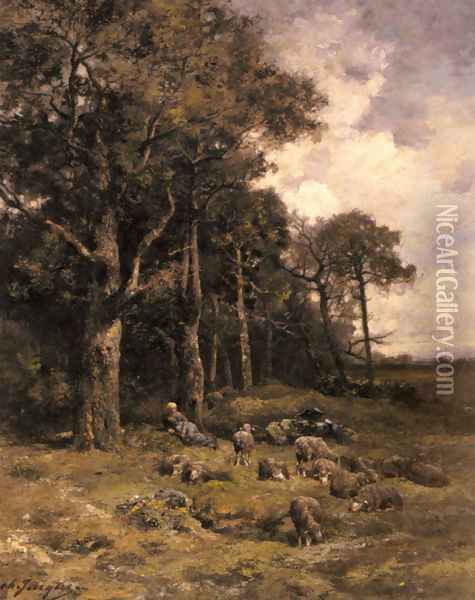 Shepherdess Resting With Her Flock Oil Painting - Charles Emile Jacque
