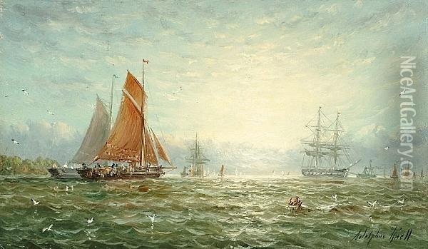 Shipping At Dawn; Returning Home At Dusk Oil Painting - William Adolphu Knell