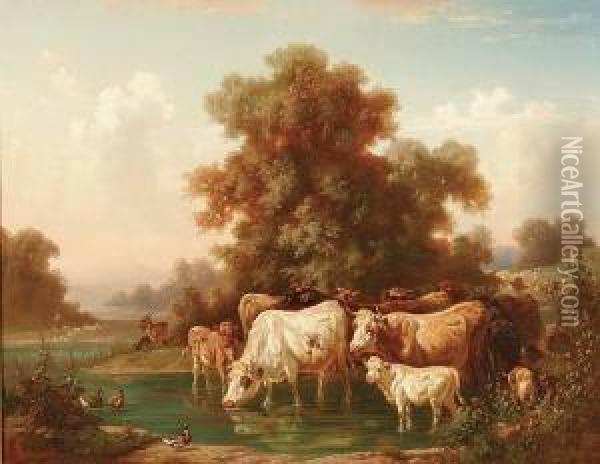 Cattle Watering Oil Painting - Louis, Ludwig Reinhardt