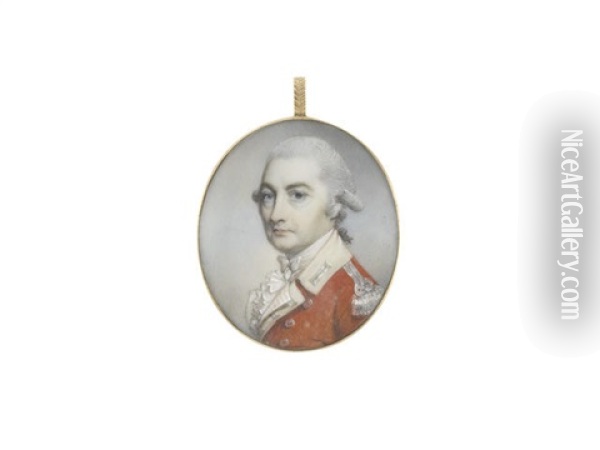 An Officer, Wearing Scarlet Coat With Cream Collar And Facings, White Waistcoat, Frilled Chemise And Tied Stock, His Powdered Wig Worn En Queue And Tied With Black Ribbon Oil Painting - George Engleheart