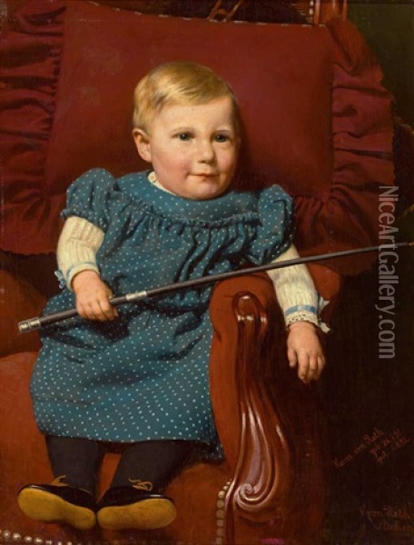 Kinderportrait Auf Rotem Stuhl Mit Reitpeitsche Oil Painting - Caspar Von Reth
