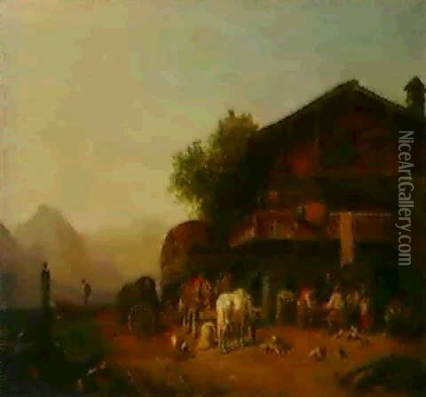 Wirtshaus Im Gebirge, Davor Zechende Bauern, Fuhrwerke Und  Ein Hirte Oil Painting - Heinrich Buerkel