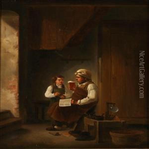 A Shoemaker In His Workshop Oil Painting - Christian Andreas Schleisner